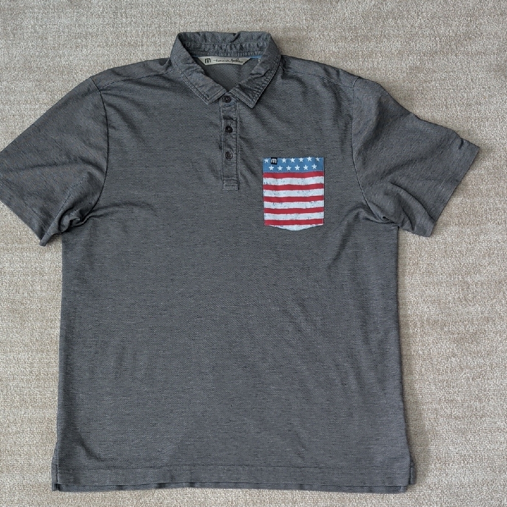 Travis Mathew Men's Gray Polo Shirt with American Flag Pocket